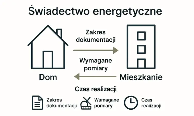 Schemat procesu uzyskania świadectwa charakterystyki energetycznej mieszkania. Pokazuje przepływ dokumentacji i pomiarów między domem a mieszkaniem.