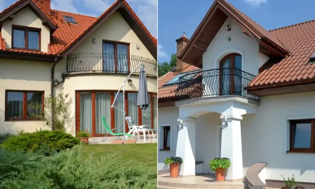 Dwa domy z dachówką i balkonami. Na jednym z nich widać lukarnę, czyli okno dachowe.