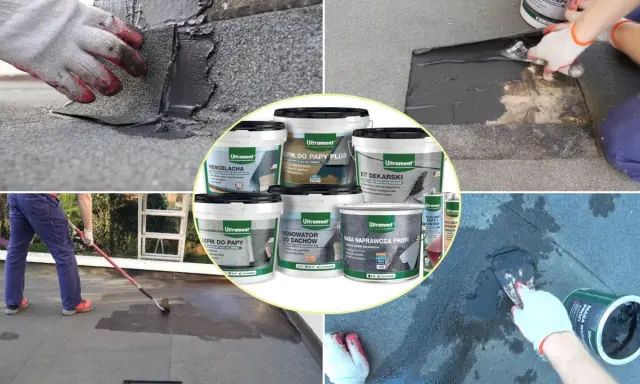 Naprawa dachu z papy: uszczelnianie, klejenie i renowacja. Materiały Ultrament pomagają w pracach dekarskich.