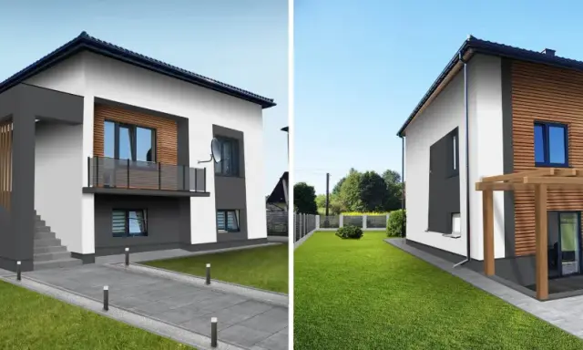 Nowoczesne elewacje starych domów piętrowych z drewnianymi akcentami i nowoczesnymi balkonami.