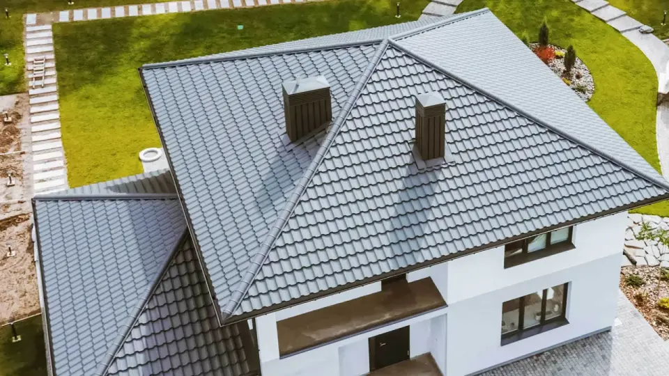 Szary dach z dwoma kominami. W oddali zielony trawnik i ścieżka z płyt. Może tam siedzi jaskółka na dachu?