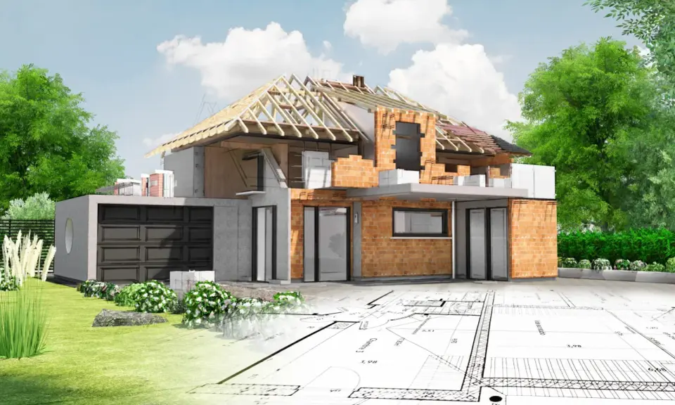 Przed zakupem działki sprawdź jej potencjał budowlany. Wizualizacja domu w przekroju na tle planów architektonicznych.