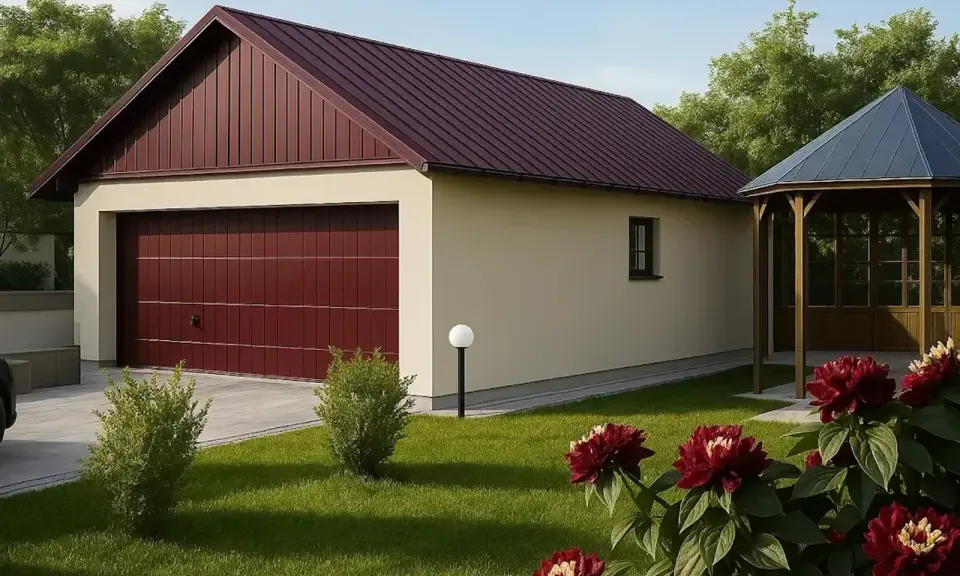 Nowoczesny garaż z częścią mieszkalną, projekt z czerwoną bramą i altaną w ogrodzie.