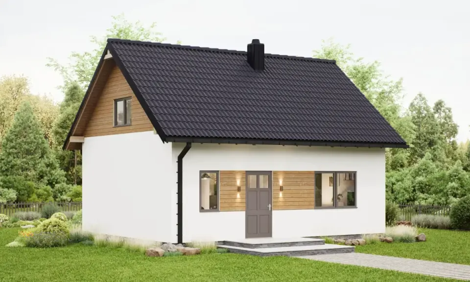 Idealna jaka działka pod dom 70m2. Biały, nowoczesny domek z drewnianymi elementami i czarnym dachem, otoczony zielenią.