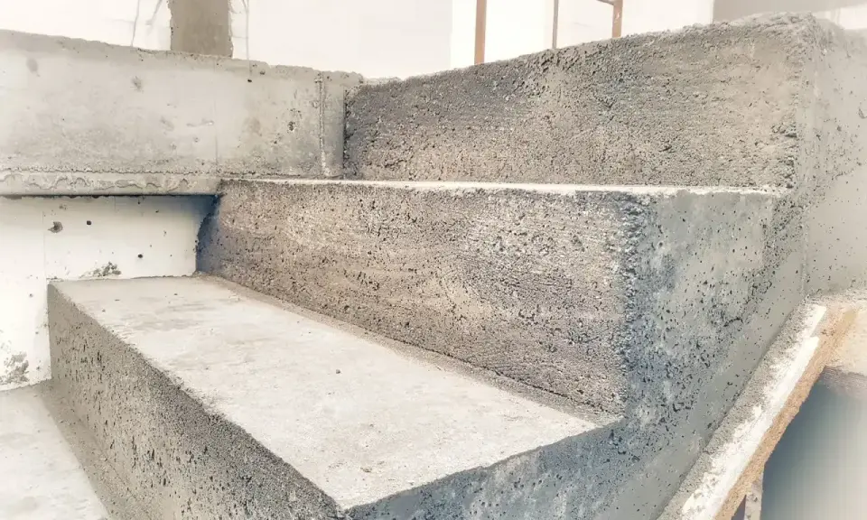 Surowe schody z bloczków betonowych, czekające na wykończenie. Solidna konstrukcja, która posłuży latami.