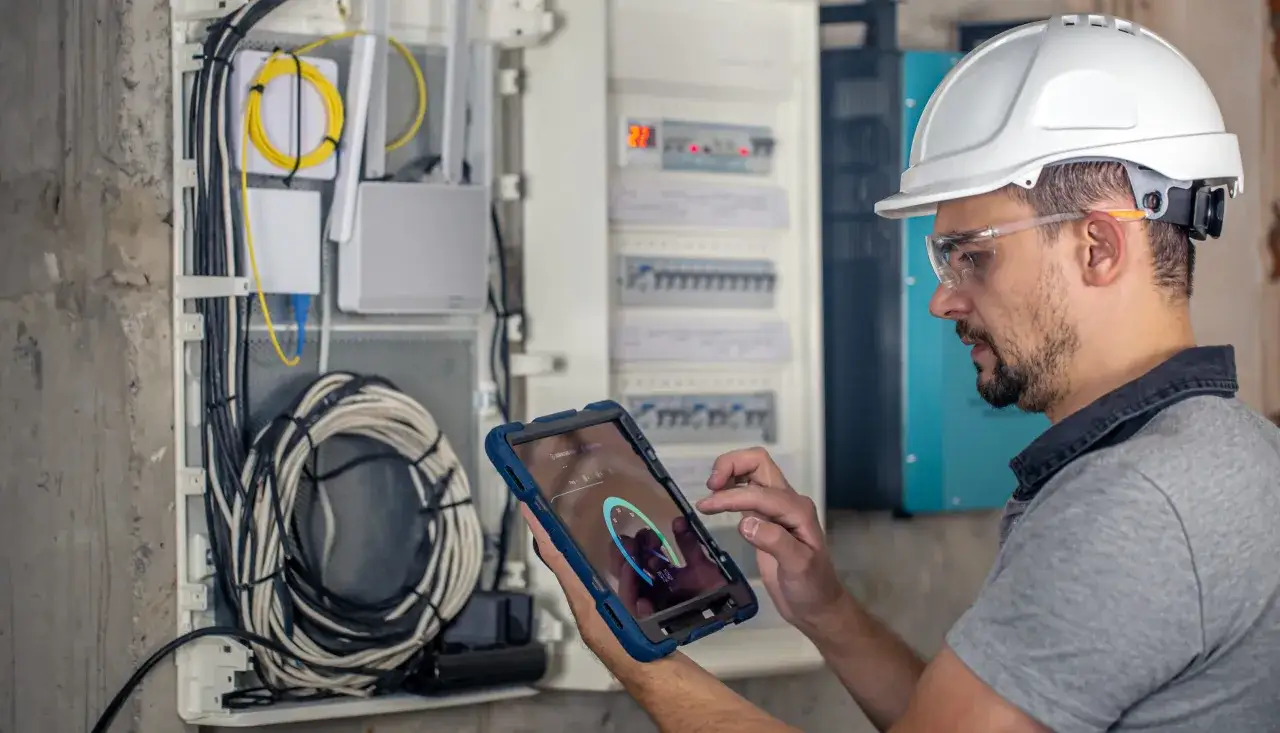 Elektryk w kasku i okularach ochronnych wykonuje pomiar instalacji elektrycznej, analizując dane na tablecie.