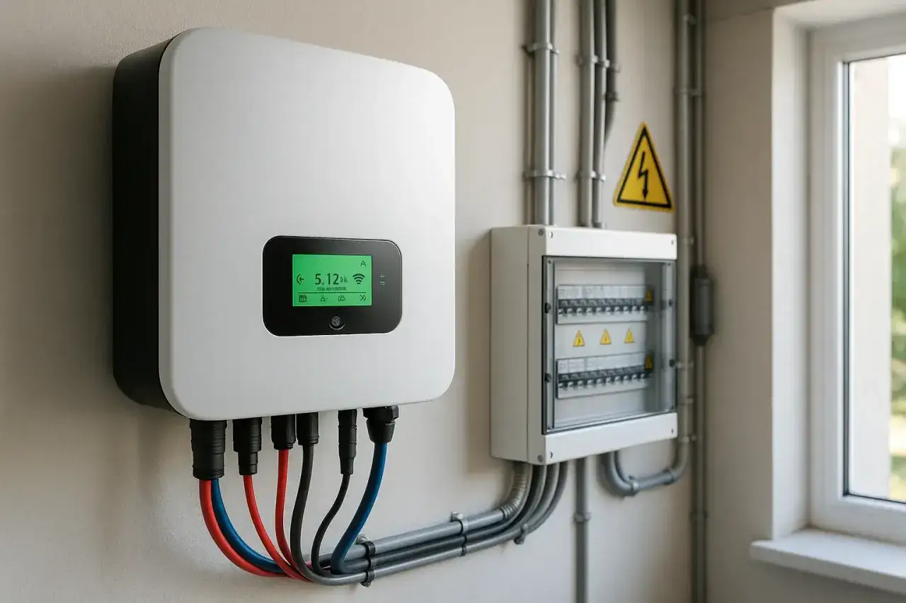 Nowy falownik z zielonym wyświetlaczem, podłączony do skrzynki z bezpiecznikami. To serce instalacji fotowoltaicznej, które zamienia prąd stały na zmienny.