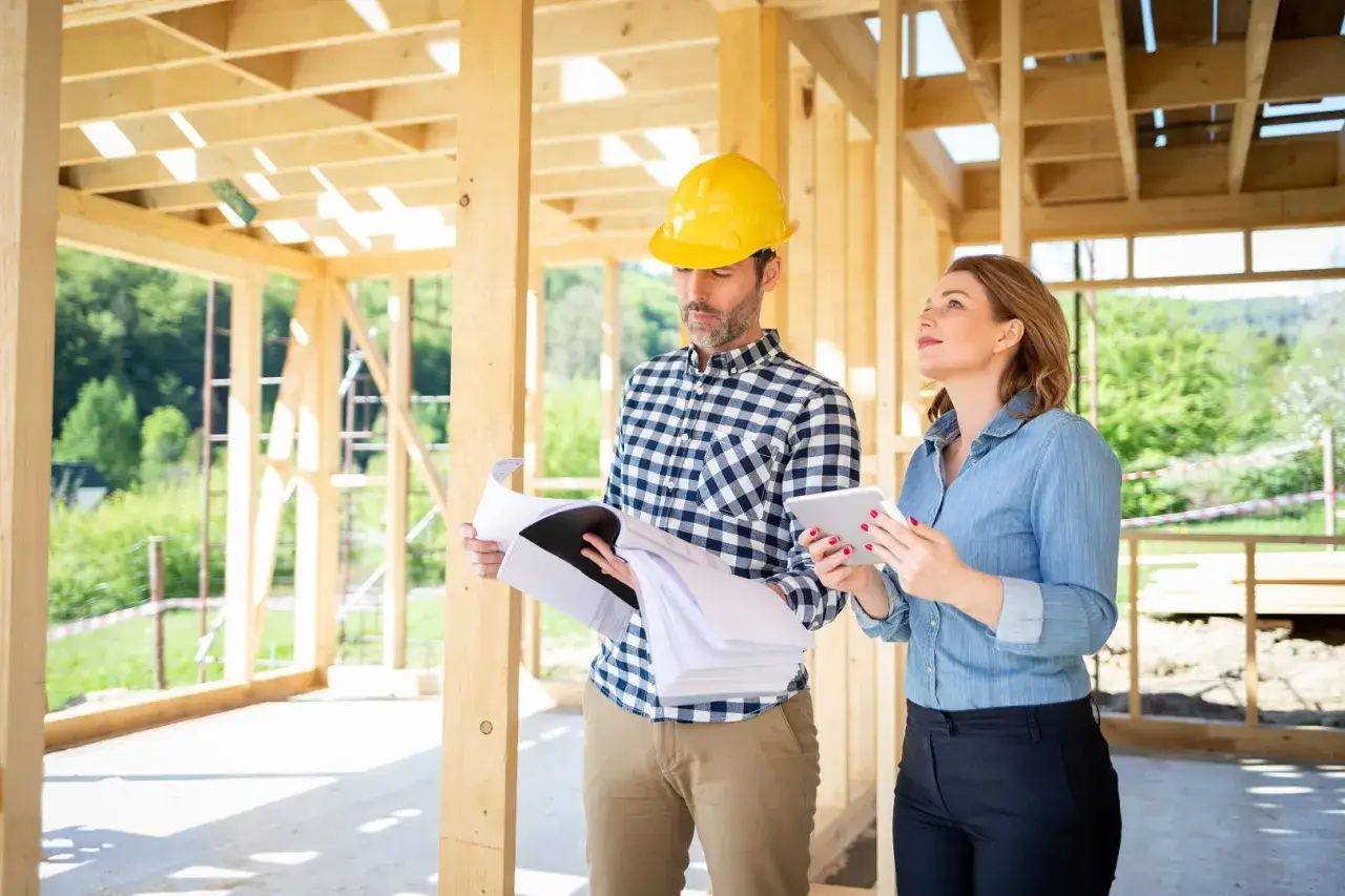 Architekt z planami i inwestorka z tabletem omawiają postępy budowy. Pokazuje to, ile jest ważne pozwolenie na budowę dla sprawnego przebiegu prac.