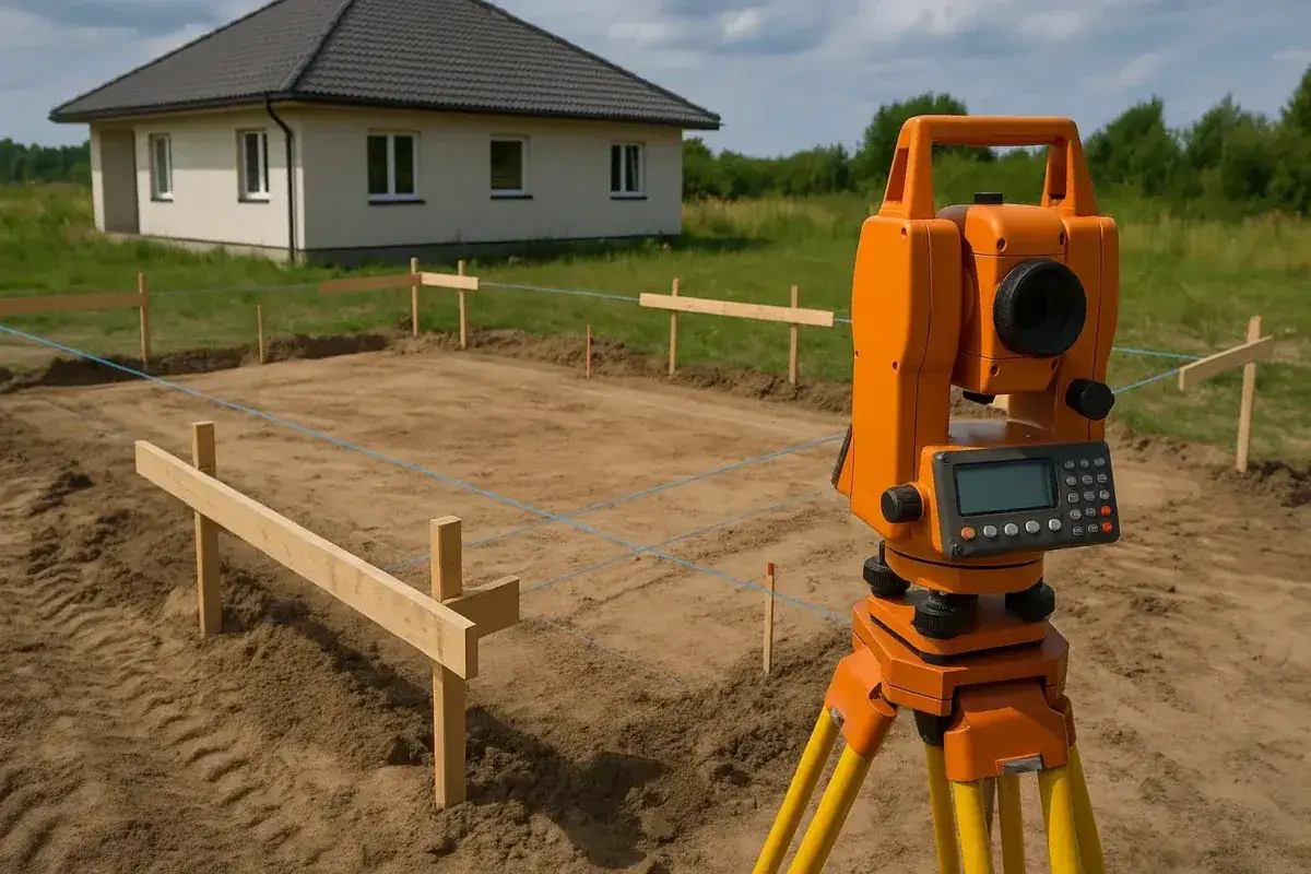 Precyzyjne wyznaczanie granic budowy domu, co robi geodeta. Stawianie fundamentów wymaga dokładności.