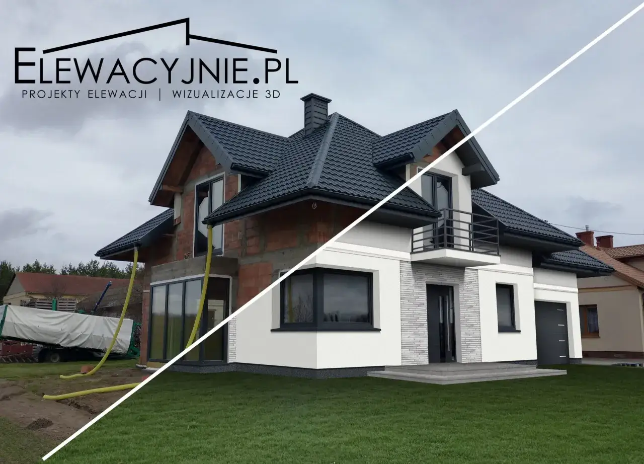 Porównanie stanu surowego z wizualizacją domu. Elewacja z białym tynkiem i kamiennymi płytkami.
