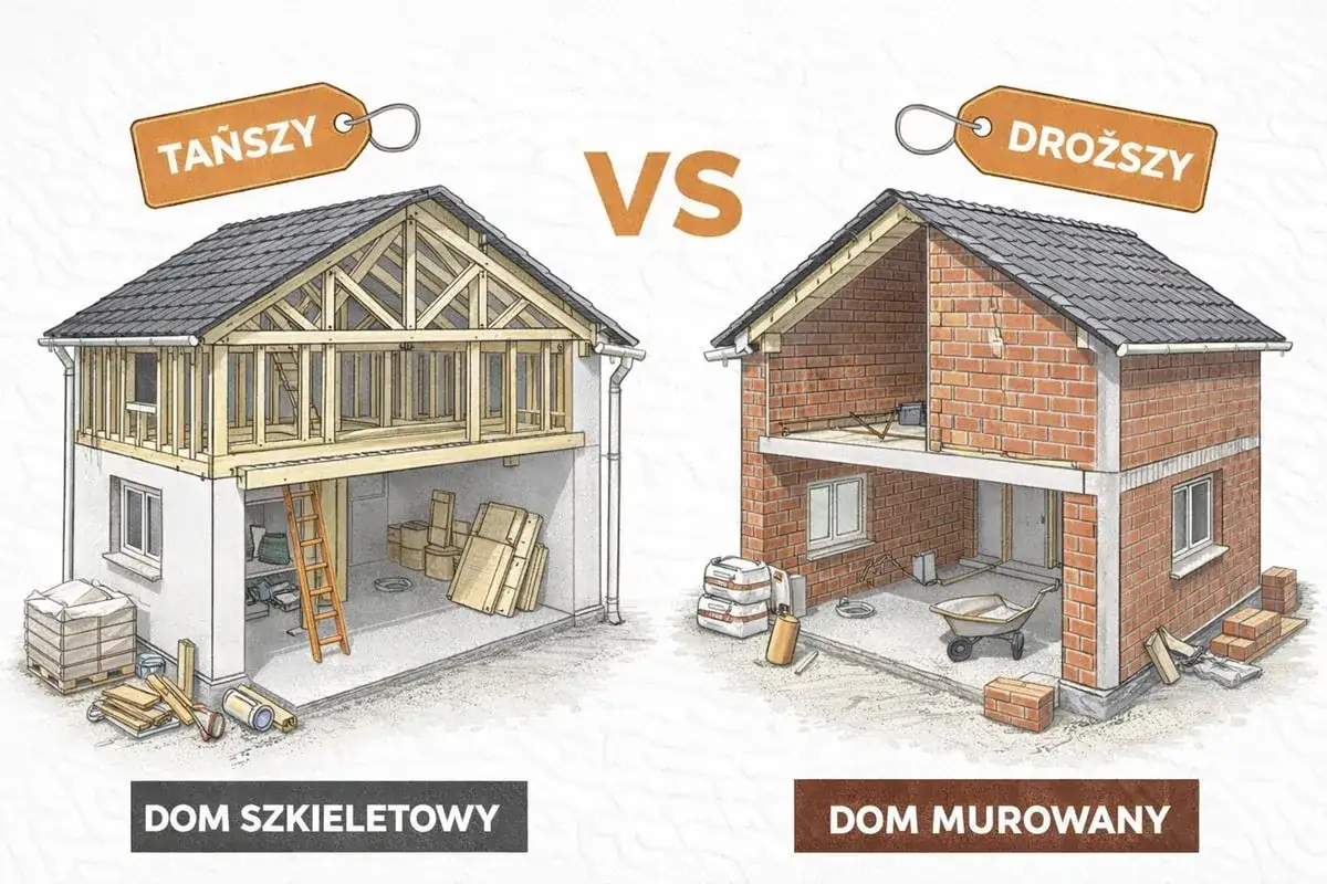 Porównanie: dom szkieletowy (tańszy) z widocznym drewnianym szkieletem i materiałami budowlanymi vs. dom murowany (droższy) z ceglanymi ścianami i wózkiem budowlanym.