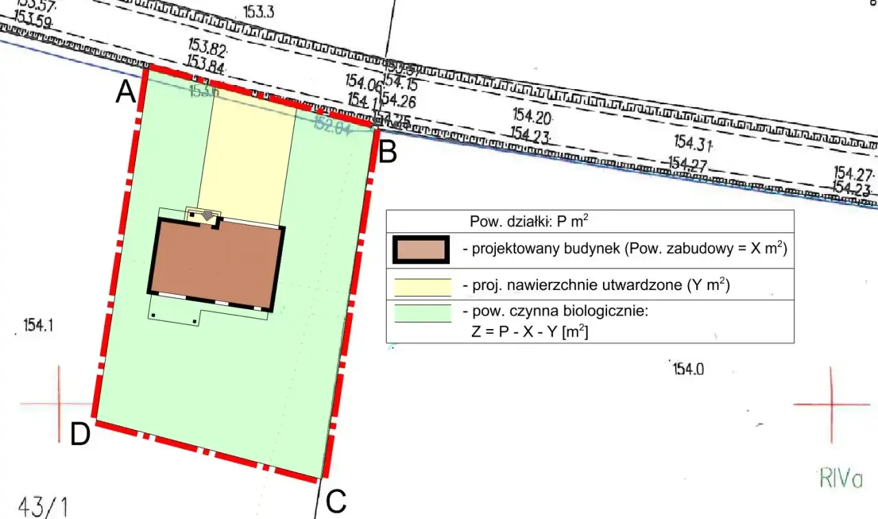 Plan sytuacyjny z zaznaczonym projektowanym budynkiem, określający warunki zabudowy a pozwolenie na budowę.