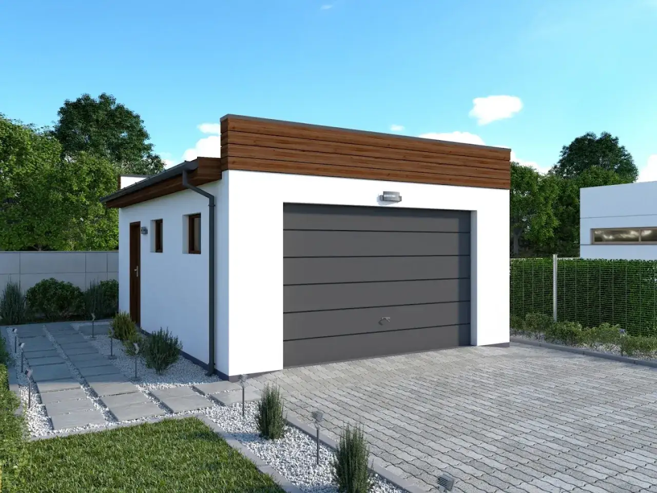 Nowoczesny projekt garażu 35m2 bez pozwolenia. Biała bryła z drewnianym detalem, szara brama, ścieżka z płyt i zielony trawnik.