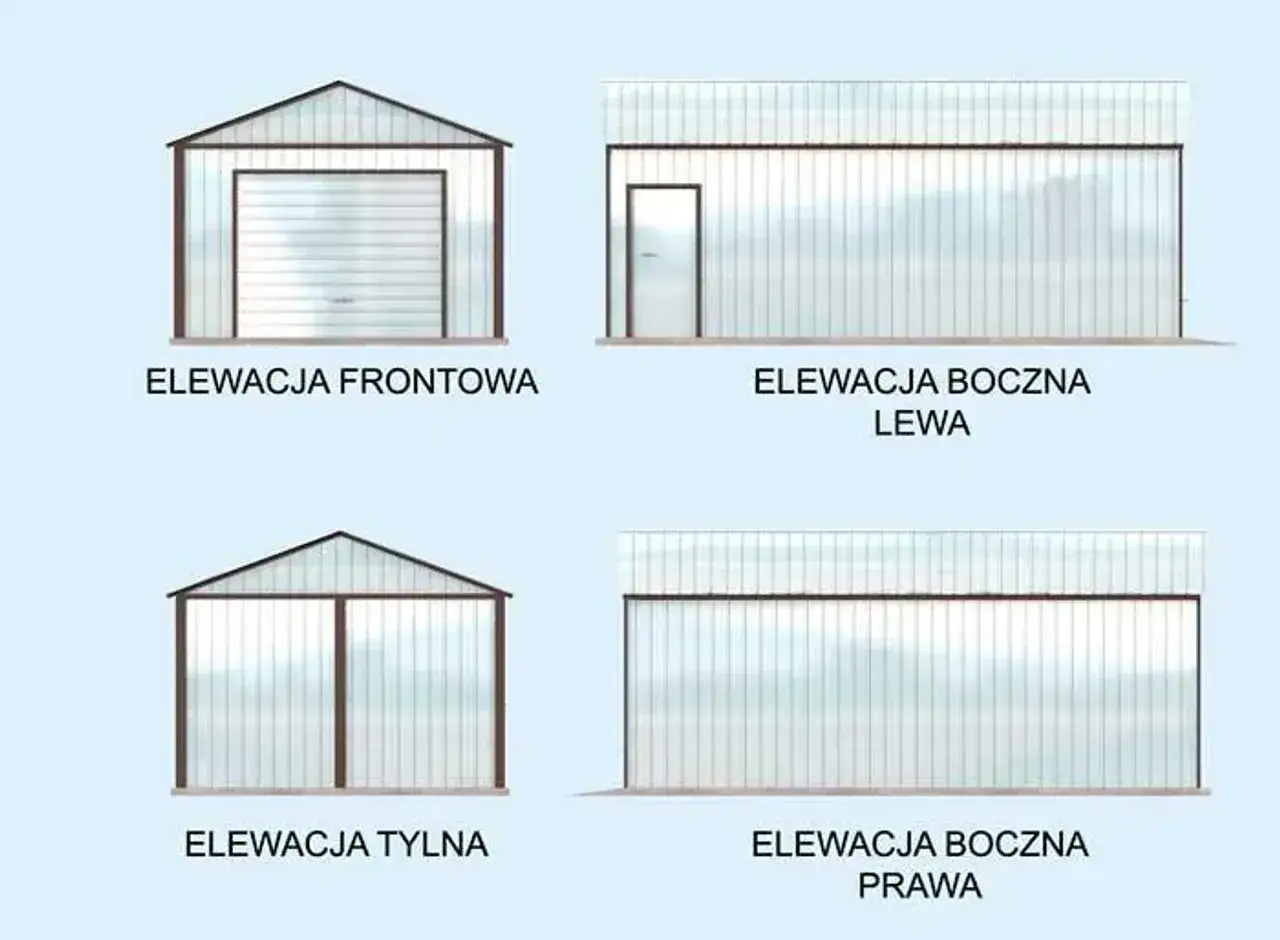 Różne elewacje projektu garażu blaszanego: frontowa z bramą, tylna z dwoma skrzydłami, lewa i prawa boczna.