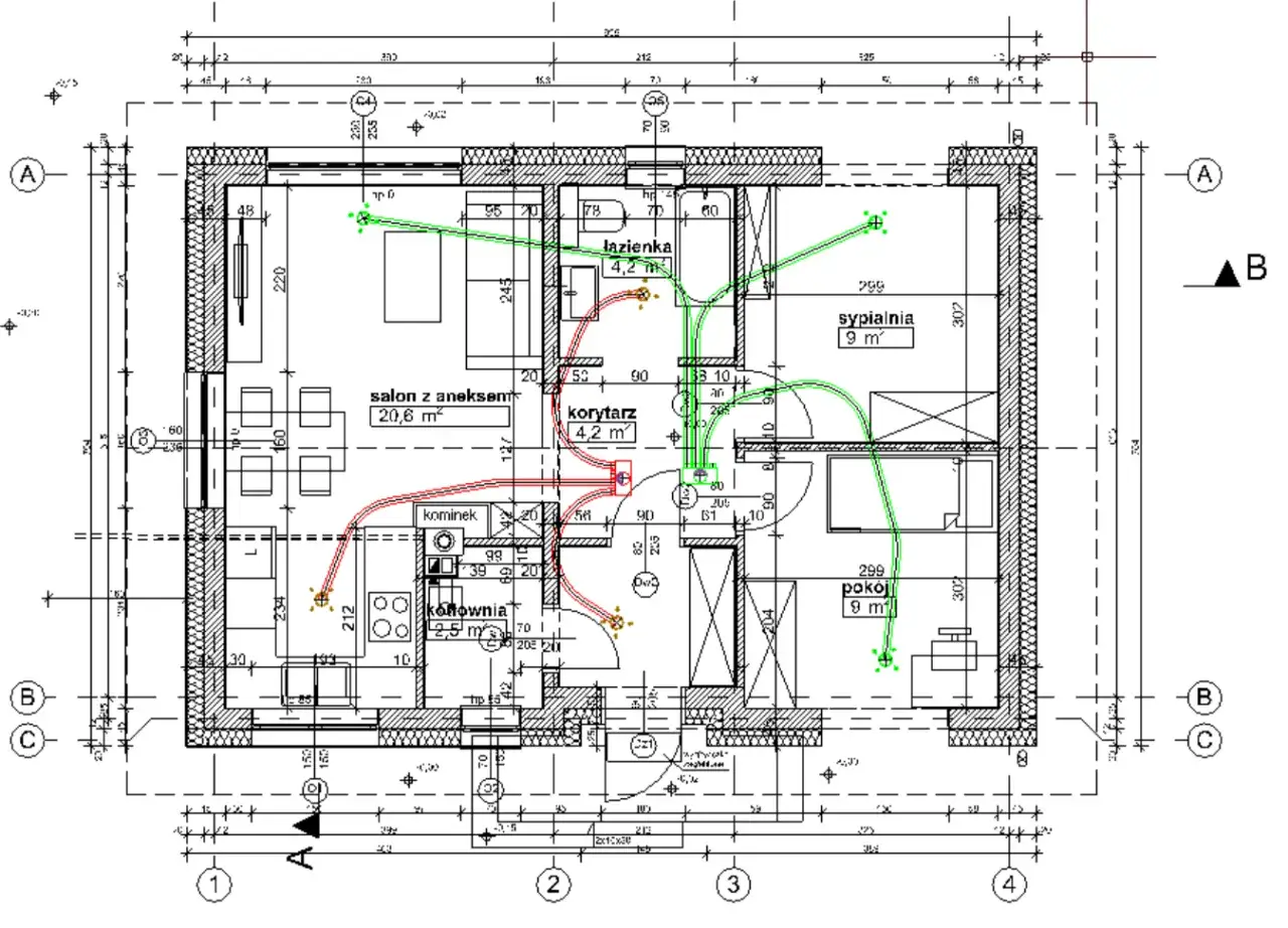 Projekt wentylacji mechanicznej mieszkania z salonem, aneksem, sypialnią, pokojem, łazienką i kotłownią. Zielone linie pokazują nawiew, czerwone wyciąg.