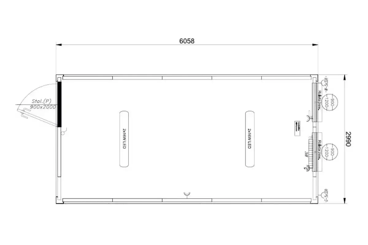 Rzut kontenera biurowego z wymiarami 6058x2990 mm. Wewnątrz widoczne oświetlenie LED i drzwi 900x2000 mm.