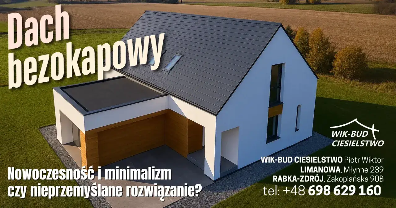 Nowoczesny dom z dachem bez okapu, podkreślający minimalizm. Elegancka bryła i proste linie.