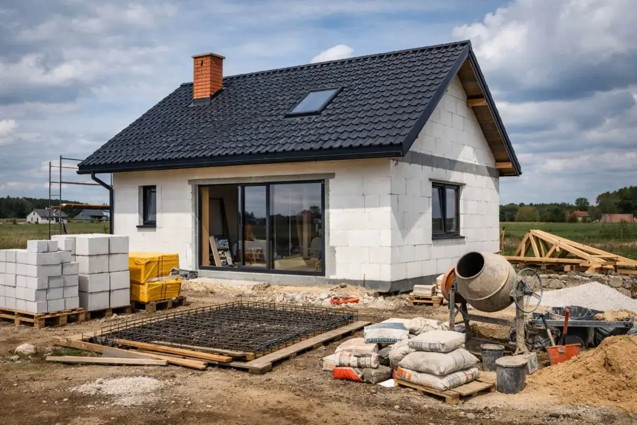 Budowa domu do 300 tys. z bloczków, z czarnym dachem, betonem i materiałami budowlanymi.
