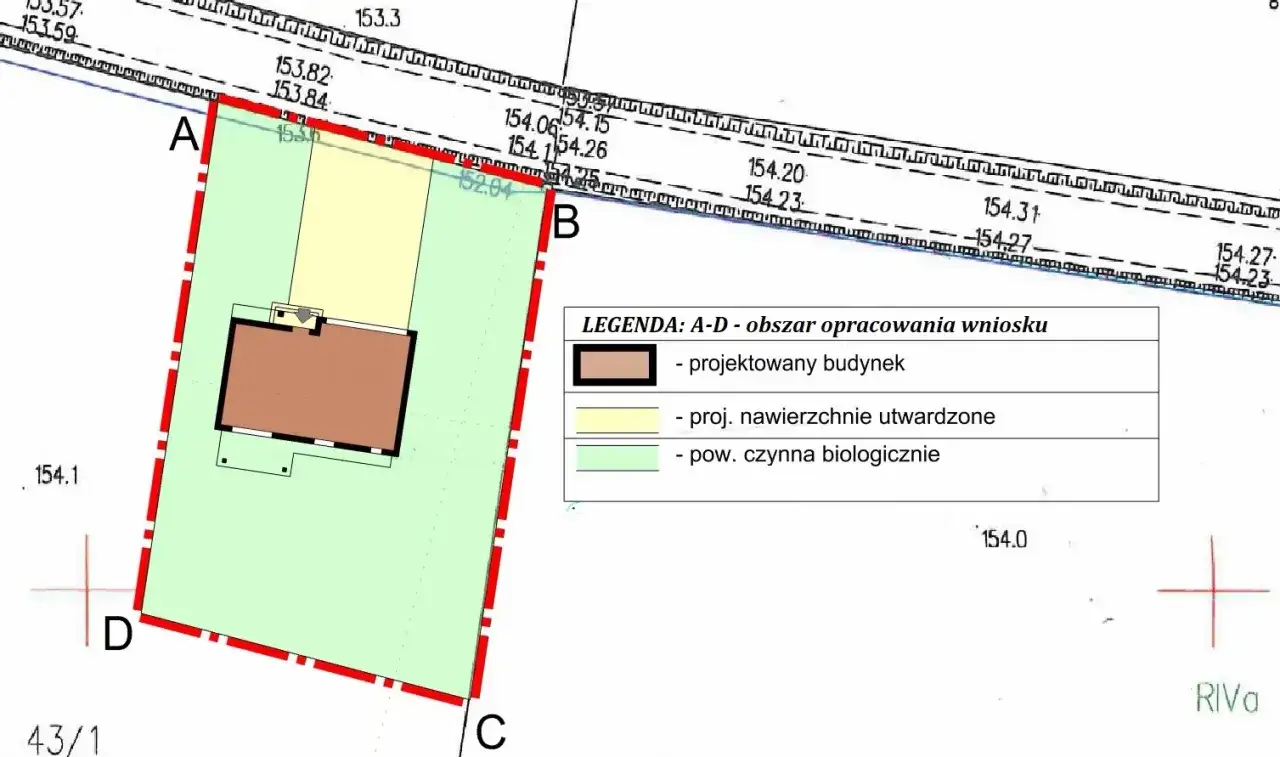 Plan zagospodarowania terenu z zaznaczonym budynkiem i terenami zielonymi. Określa, kto wydaje warunki zabudowy.