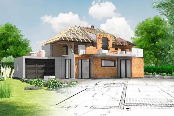 Przed zakupem działki sprawdź jej potencjał budowlany. Wizualizacja domu w przekroju na tle planów architektonicznych.