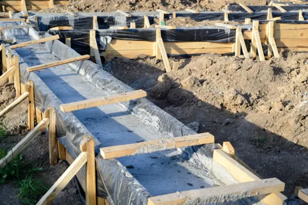 Budowa fundamentów krok po kroku: betonowanie ław fundamentowych w szalunkach z folią.